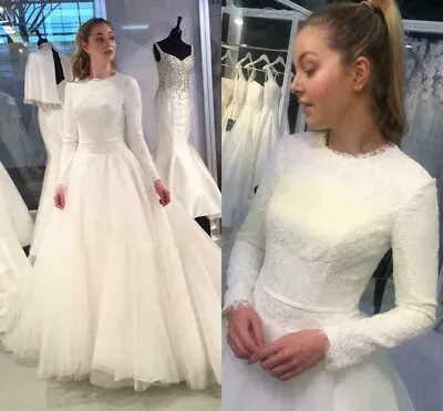 White Ivory A-Line Long Sleeve Wedding Dress Lace Tulle Muslim Bridal Gown • $149.99