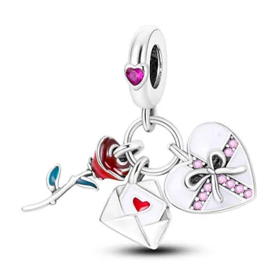 Love Letter Heart Red Roses Gift Present Charm Sterling Silver 925 Bead Gift • £14.99