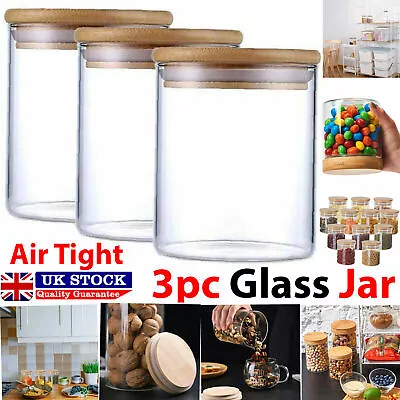 £10.99 • Buy Set Of 3 Glass Storage Jars With Bamboo Lids Airtight Kitchen Storage Jar 750ml