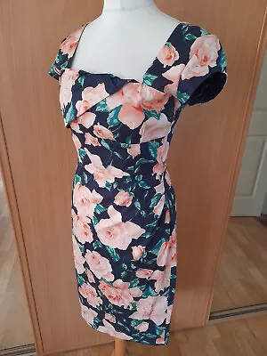 Pretty Dress Company Pink & Navy Rose Floral Pencil Dress  14 Retro 1950s Style • £16