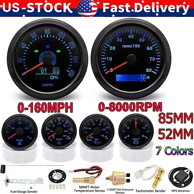 6 Gauge Set With Senders 85MM GPS Speedometer 0-160MPH Tachometer 0-8000RPM US • $160.26