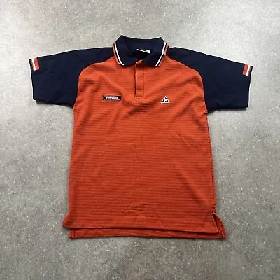 Mens Le Coq Sportif VTG 90s Orange & Navy Woven Polo Shirt Size S-M • £18