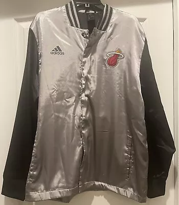 Adidas Miami Heat Track Jacket Full Zip Satin Gray Print Warmup Sz Large • $19.95