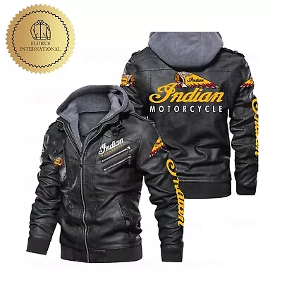 New Indian Motorcycle Black Leather Hoodie Jacket Cowhide Leather Jacket • $50