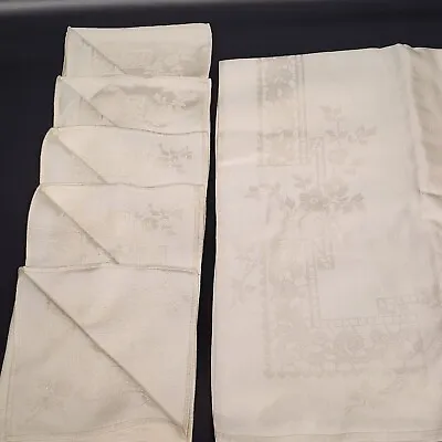 Damask Beige Tablecloth 66  X 50  With 5 Matching Napkins 12  X 12  Vintage MCM • $29.95