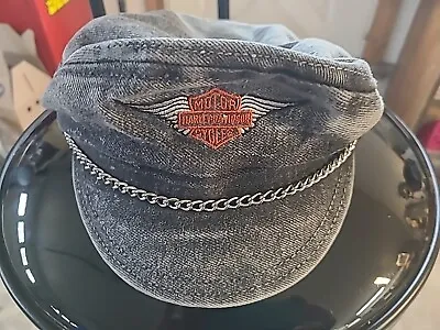 Vintage Harley Davidson Biker Hat Black Denim Officers Cabbie Messenger Chain  • $20