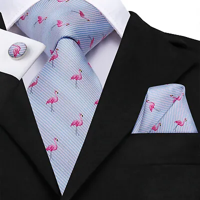 Mens Silk Ties Animal Pink Grey FLAMINGO Silk NeckTie Hanky Cuffs Fun Set • £8.99