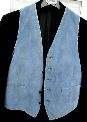 Vintage Blue Cotton Corduroy VELVET Waistcoat Vest Sz 38 -40  FAB WITH DENIM ! • £9.99