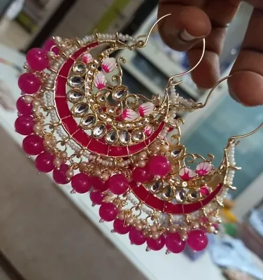 Bollywood Style Indian Kundan Enameled Rani Pink Bali Hoop Earrings Jewelry Set • $29.99