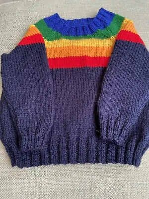 New Hand Knitted Boys Rainbow Jumper With Navy Body Size. 2-3 Years • £19