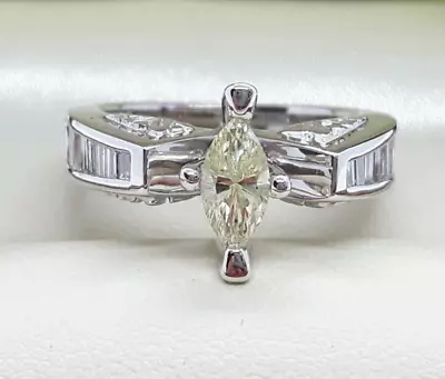 18ct White Gold 0.59ct Fancy Light Yellow Marquise Diamond & 0.80ct Accents Ring • $2980.70