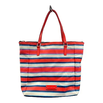 MARC BY MARC JACOBS Take Me Jacobson Coral Red Striped PVC/Leather Tote Bag • $50