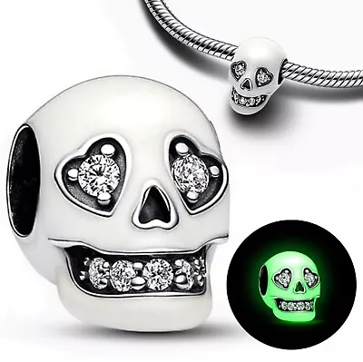 Genuine Sterling Silver Glow In The Dark Skull Charm +FREE Jewellery Bag! 💀 • £14