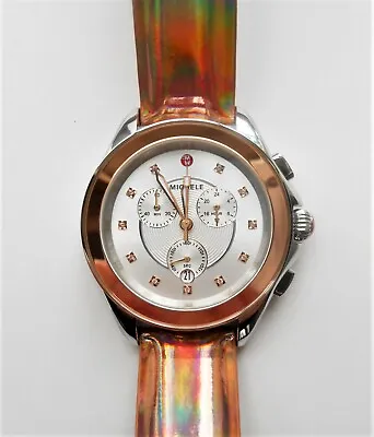 Michele Cape Chrono Diamond Topaz Leather Strap Watch Rose Gold Silver Bnib $595 • $299.99