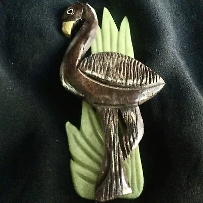 Vintage Wood And Celluloid Flamingo And Grass Brooch • $135