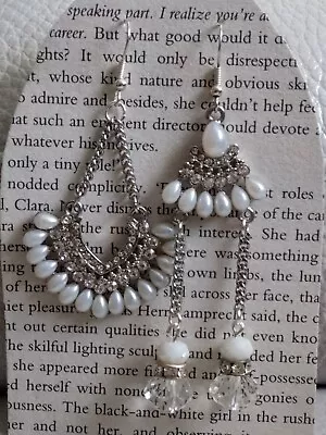 White Pearl Crystal  Silver Asymmetric Chandelier Drop Earrings • £2.50