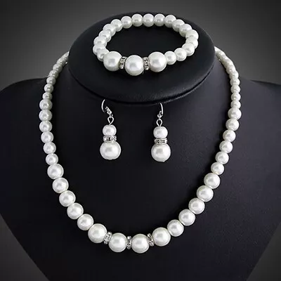 Bracelet Pearl Necklace Earrings White Set Faux 18 Jewelry Freshwater Pearls Set • $4.98