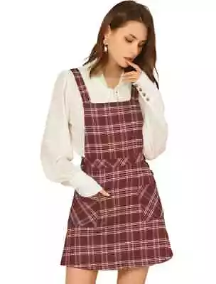 Allegra Women Plaid Tartan Button Decor A-Line Pinafore Overall Dress Burgundy L • £4.99