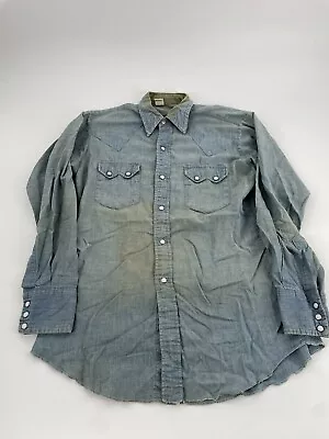 Vintage 70s Pearl Snap Denim Western Shirt Size L Faded Distressed • $45