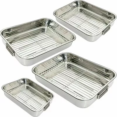 Stainless Steel Roasting Oven Dish Meat Baking Roaster Tin Grill Rack Tray 8883 • £14.99