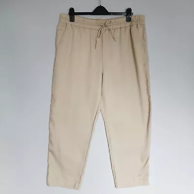 H&M Womens Cropped Trousers Size XL Neutral Beige Drawstring Waist Side Pockets • £9.99