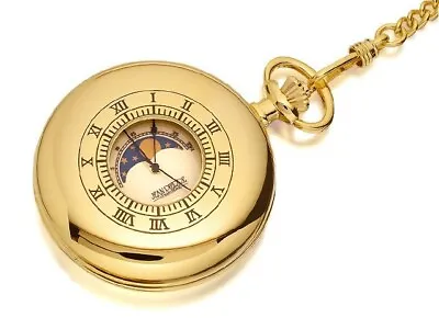 £150 • Buy Jean Pierre G300P Gold Plated Half Hunter Moon Phase Pocket Watch And Chain