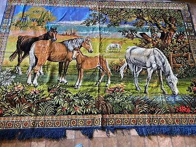 Vintage Horse Velvet Velour Tapestry Wall Hanging Rug HUGE 6'x4' Decor Horses • $35