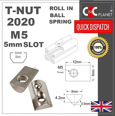 T Nuts 5mm Slot 5 M5 Ball Spring Slide Drop In Aluminium Extrusion 2020 Profile  • £3.49