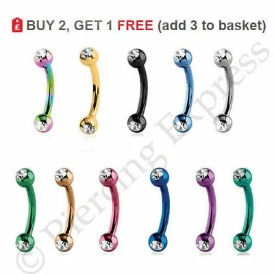 £2.15 • Buy Curved Barbell Eyebrow Bar Ring Piercing 6mm 8mm 16g Steel ANODIZED CRYSTAL BALL