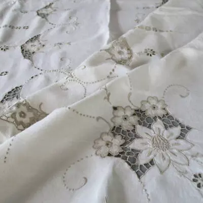 Antique Madeira LINEN 65  Tablecloth BRODERIE RICHELIEU Hand Embroidery Cutwork • $24.99