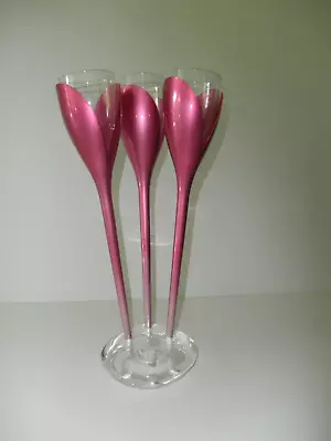 MOET&CHANDON~SET Of 3 CHAMPAGNE TULIP FLUTERS PINK ROSE METALLIC GLASSES + BASE • $74.96