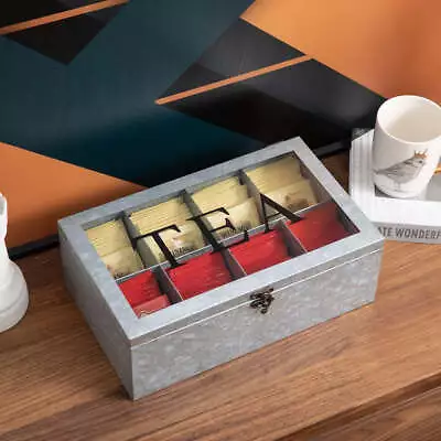 8-Compartment Galvanized Metal Tea Bag Storage Box Organizer Chest With Lid • $27.99