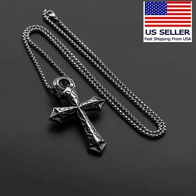 Men Stainless Steel Chain Necklace Irish Celtic Knot Large Cross Pendant 0668 • $9.99