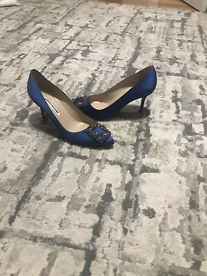 Manolo Blahnik Hangisi 105MM Embellished Crystal Satin Pumps Cobalt Blue Size 37 • $825