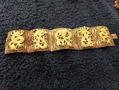 VTG Chinese Export Silver Filigree Panel Figural Panel Bracelet 7” Bone Dragons • $150