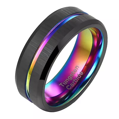 Men Wedding Ring Black Brushed Rainbow Camo Groove Tungsten Carbide Ring Band • $22.99