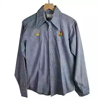 Vintage Viking Embroidered Western Shirt Button Down Men's M Blue Rooster Sun • $44.95