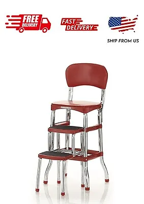 Red Retro Step Stool Counter Chair Padded Vintage Style Kitchen Pantry Ladder • $95.99