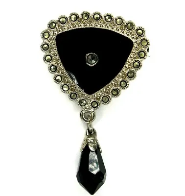 Small Elegant Vintage Black Enamel Brooch Pin Faux Marcasite  • $11.04