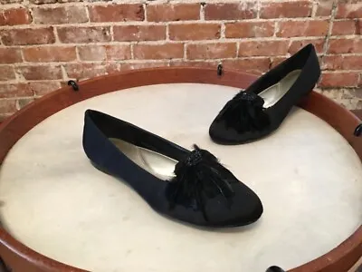 Ann Marino Dia Black Satin Feathers Smoking Slipper Loafer Flats NEW • $24.95