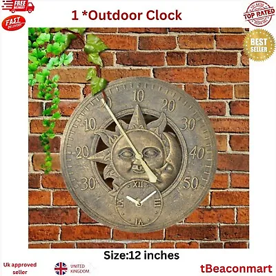 £16.69 • Buy Outdoor Clock Indoor Garden Wall Station Clock Thermometer 12 Inch Sun Moon Uk