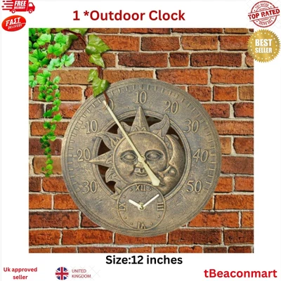 £16.69 • Buy Outdoor Clock Indoor Garden Wall Station Clock Thermometer 12 Inch Sun Moon Uk