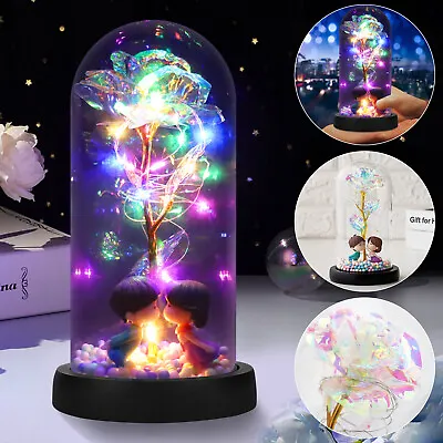 $25.48 • Buy LED Crystal Galaxy Rose Eternal Flower Dome Thanksgiving Christmas Decor Gifts
