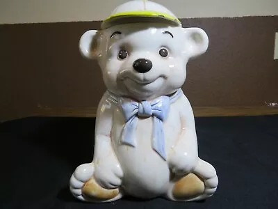 VTG TEDDY BEAR Cookie Jar Beige Tan Blue Yellow 13 X 9 X 8 Treasure Craft USA • $19.99