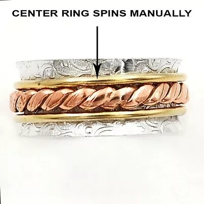 Three Tone Meditation Spinner 925 Sterling Silver Band Ring Sz 8 CT29-5 • $14.99
