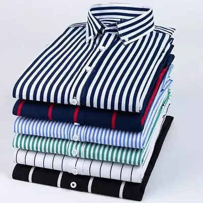 Mens Dress Shirts Long Sleeves Slim Fit Camisas Striped Cotton Casual Shirts Top • $18.99