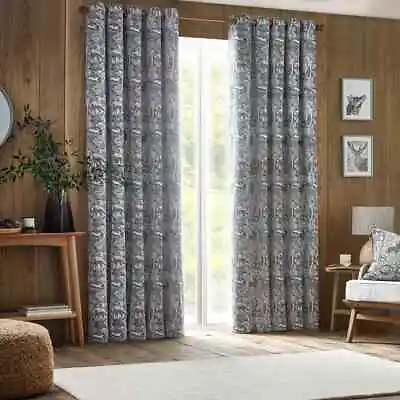 Woodland Animals Eyelet Curtains Navy Blue Jacquard Country Fully Lined Pair • £43.69