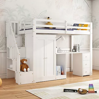 Bunk Bed 3ft Kids High Sleeper Bed Wooden Bed Frame With Wardrobe And Desk White • £539.99