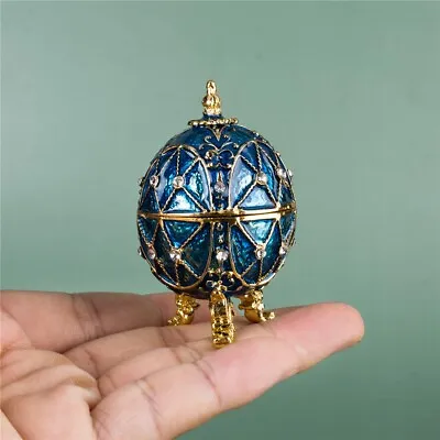 Trinket Jewelry Box Hinged Blue Faberge Egg Ornament Easter Egg Crystal Jeweled • $22.70