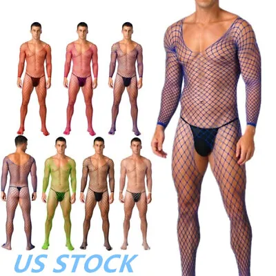 US Mens Hollow Out Fishnet Full Bodysuit Sissy Crotchless Jumpsuit Bodystocking • $6.99